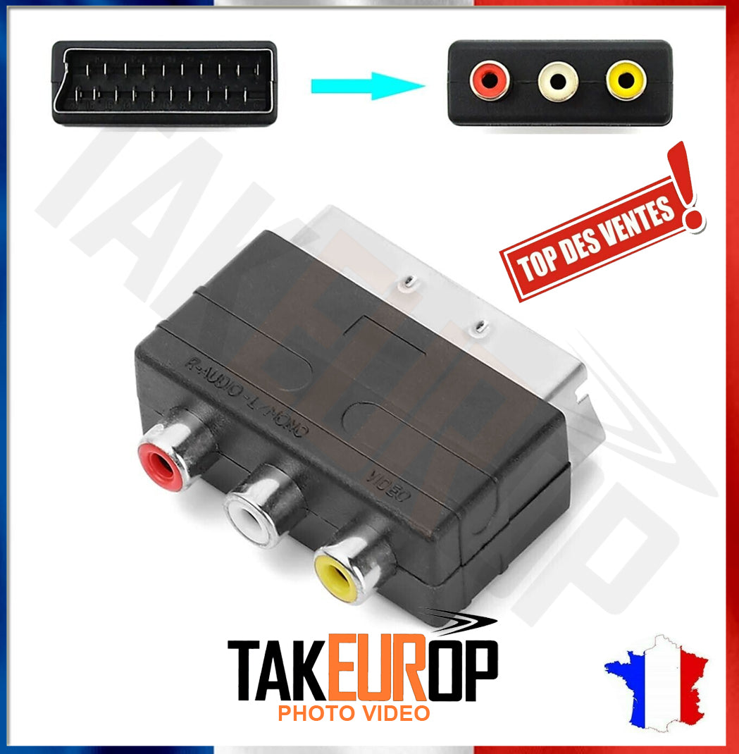 Adaptateur vidéo Péritel SCART mâle vers 3 RCA femelle Prise 21 broches